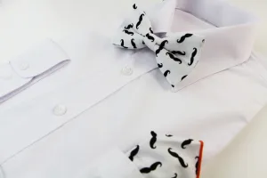 Mens White With Black Moustache Cotton Bow Tie & Pocket Square Set