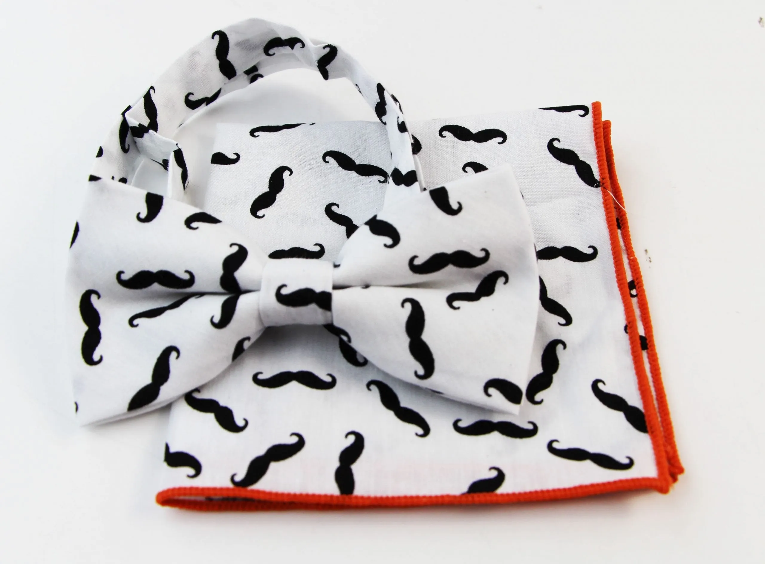 Mens White With Black Moustache Cotton Bow Tie & Pocket Square Set