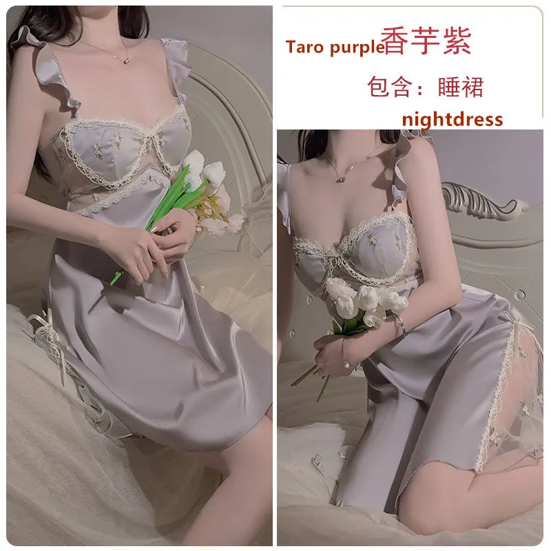 mondmi Low-Cut Padded Sheer Lace Flutter Sleeve Satin Camisole Nightdress and Robe Homewear Set 3559