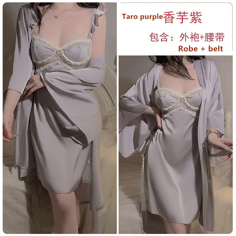 mondmi Low-Cut Padded Sheer Lace Flutter Sleeve Satin Camisole Nightdress and Robe Homewear Set 3559