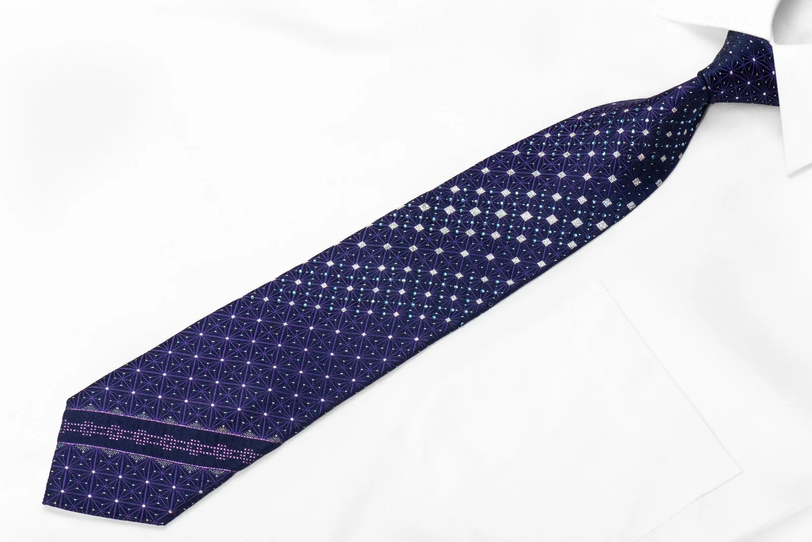 Parkland Men's Crystal Silk Tie Purple Trellis Silver Squares On Navy With Sparkles