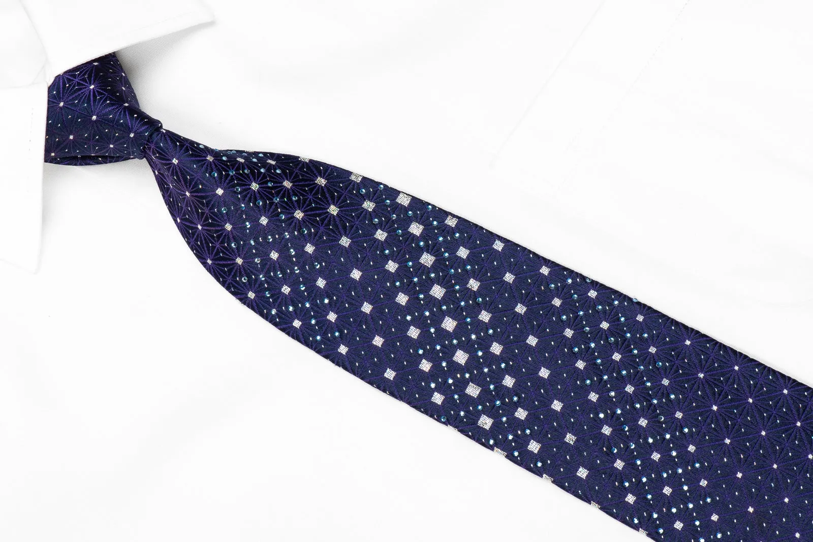 Parkland Men's Crystal Silk Tie Purple Trellis Silver Squares On Navy With Sparkles