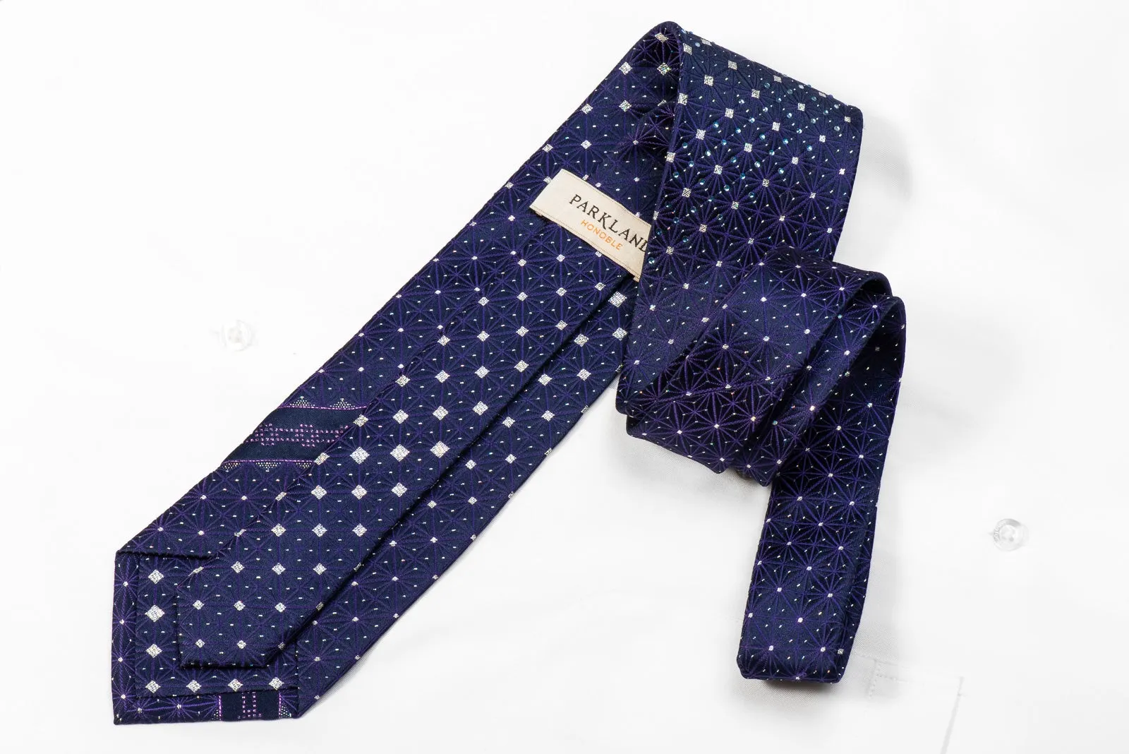 Parkland Men's Crystal Silk Tie Purple Trellis Silver Squares On Navy With Sparkles