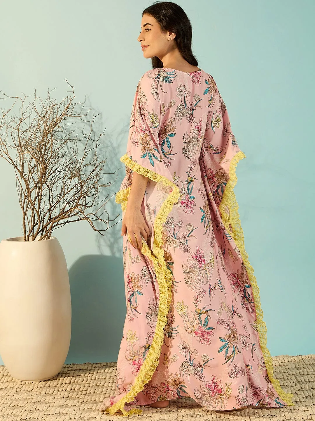 Pastel Pink Floral Loungewear Kaftan Nighty For Women