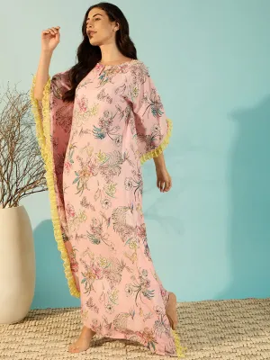 Pastel Pink Floral Loungewear Kaftan Nighty For Women