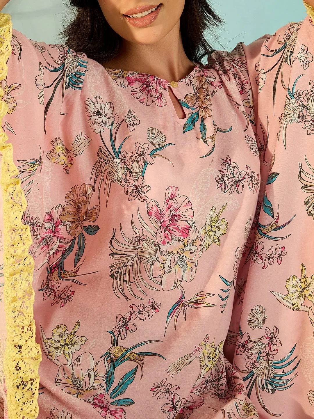 Pastel Pink Floral Loungewear Kaftan Nighty For Women