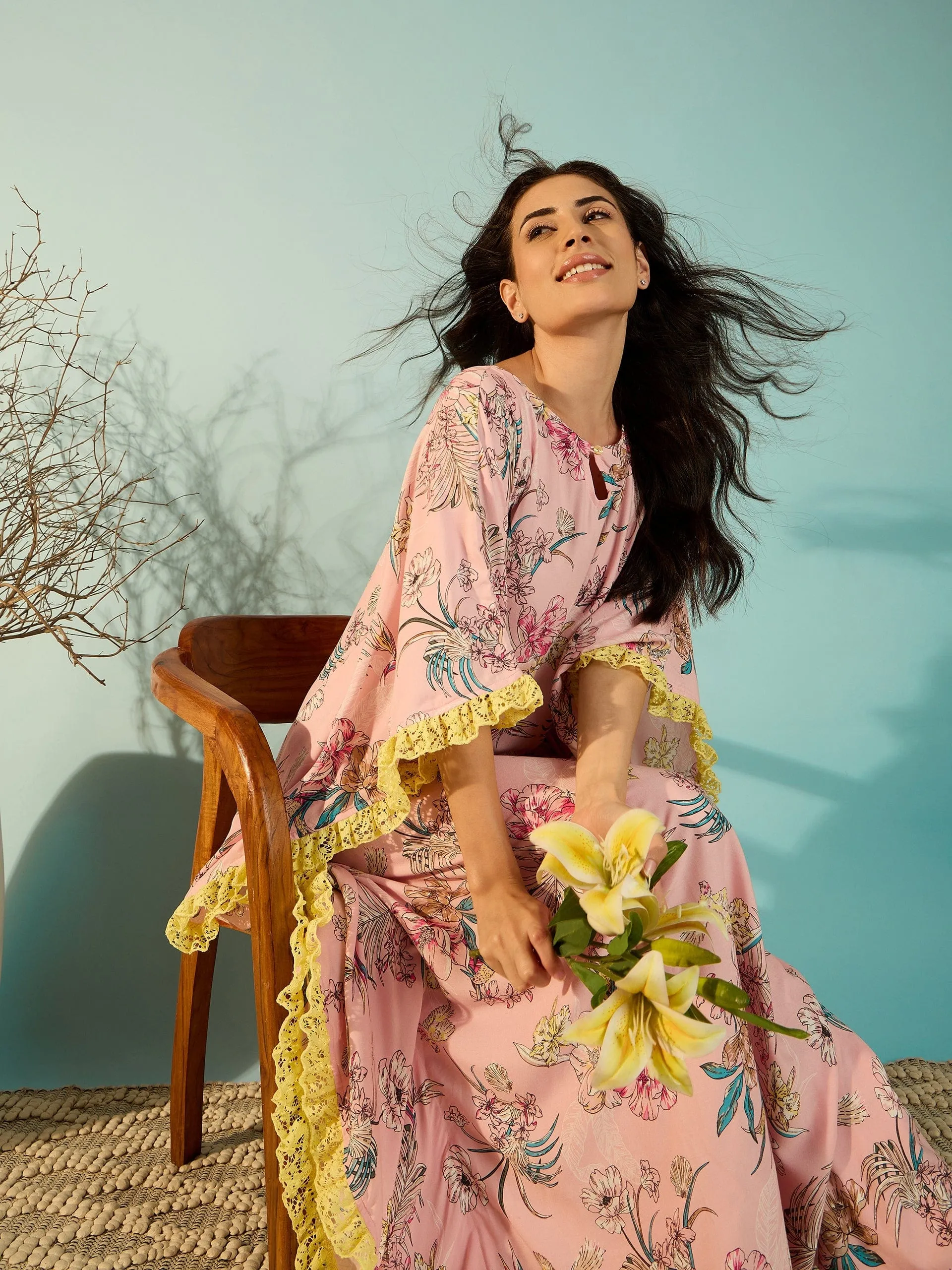 Pastel Pink Floral Loungewear Kaftan Nighty For Women