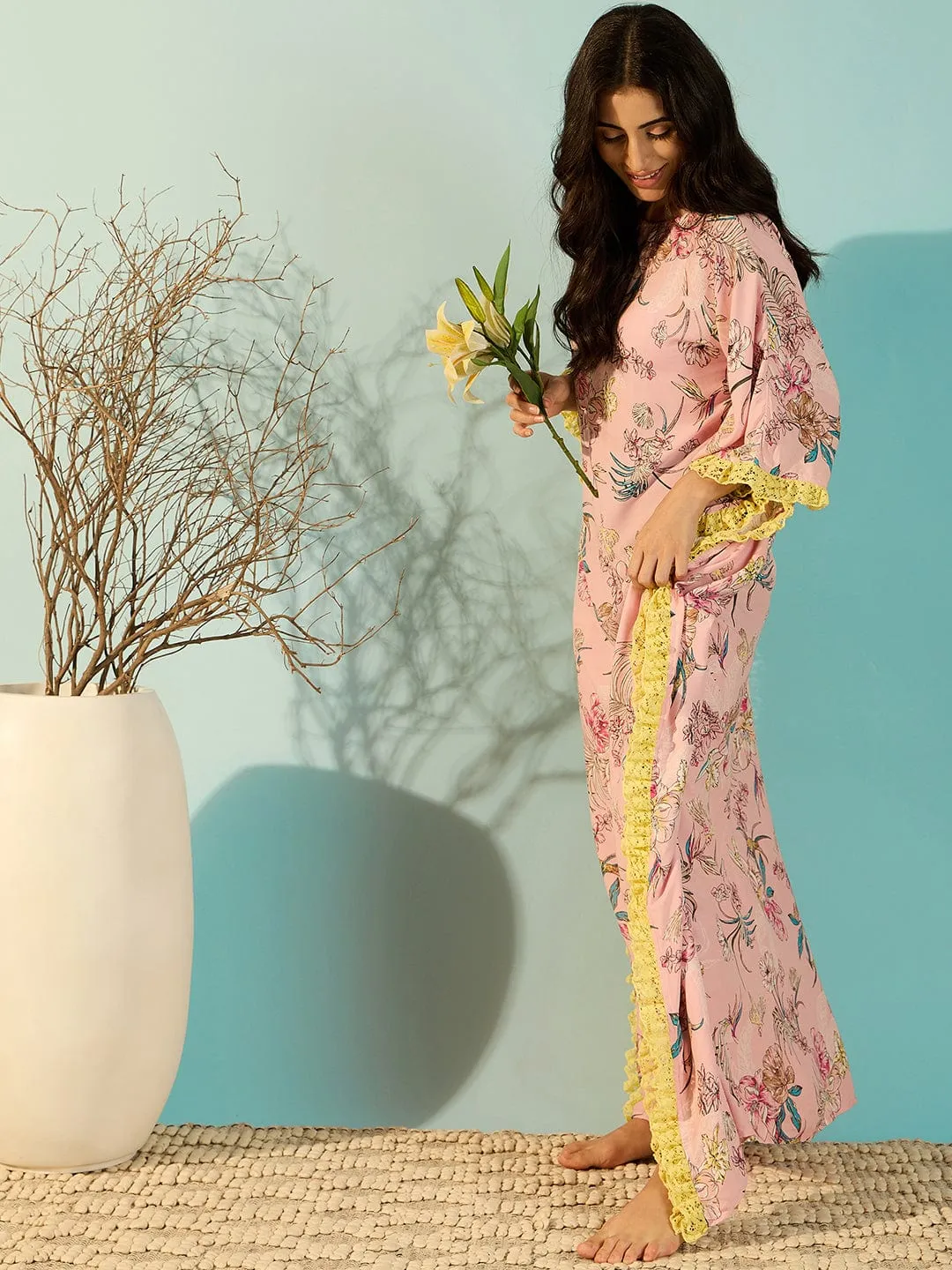 Pastel Pink Floral Loungewear Kaftan Nighty For Women