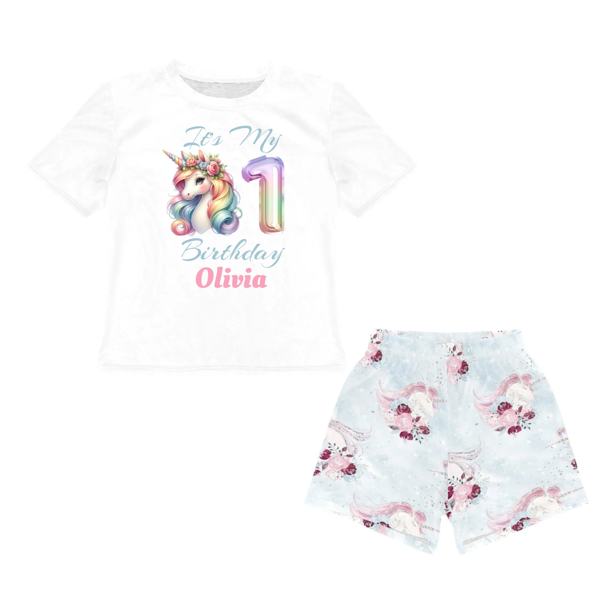 Personalised Unicorn Matching Birthday Shirt and Blue Short Sets