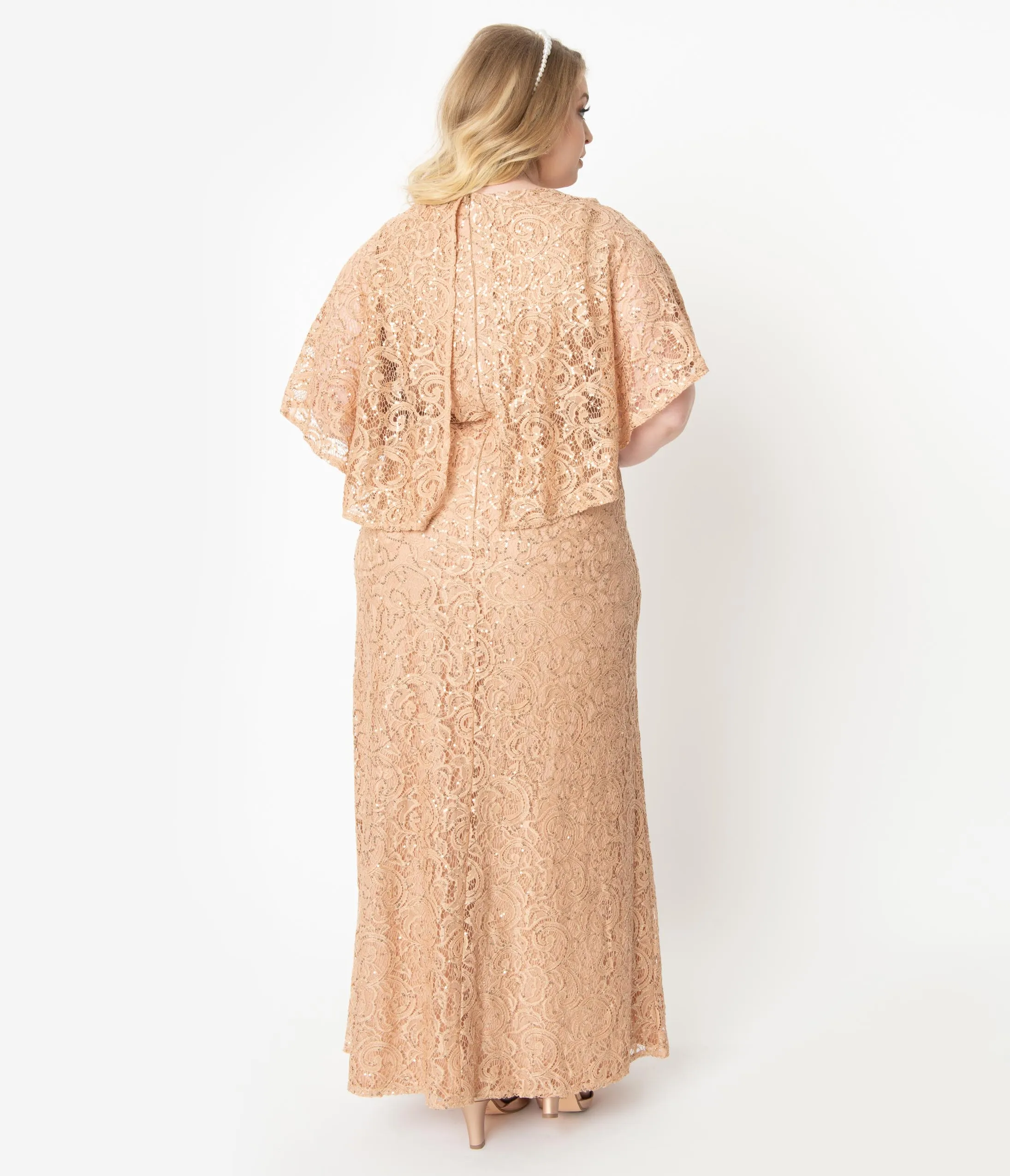 Plus Size Champagne Sequin Lace Cape Sleeve Celestial Gown