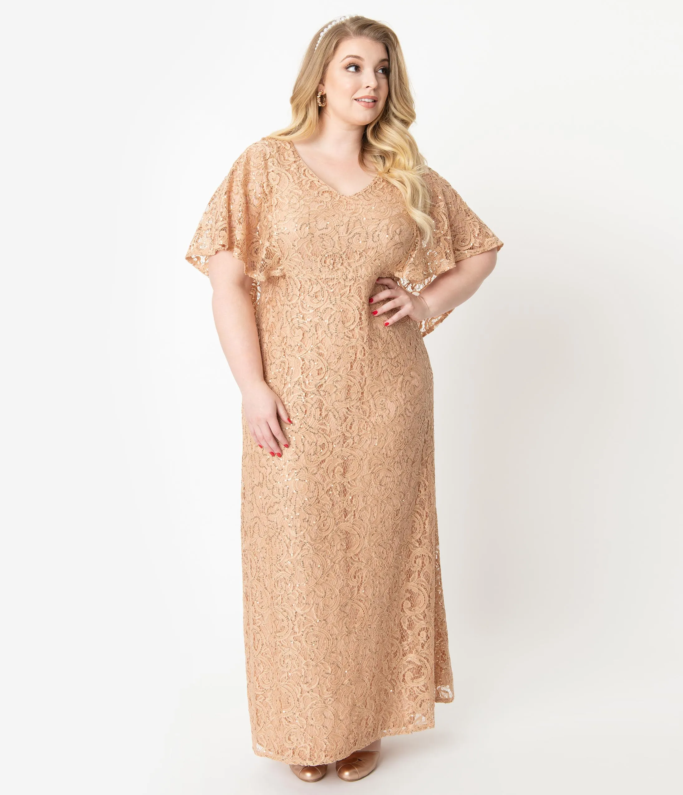 Plus Size Champagne Sequin Lace Cape Sleeve Celestial Gown