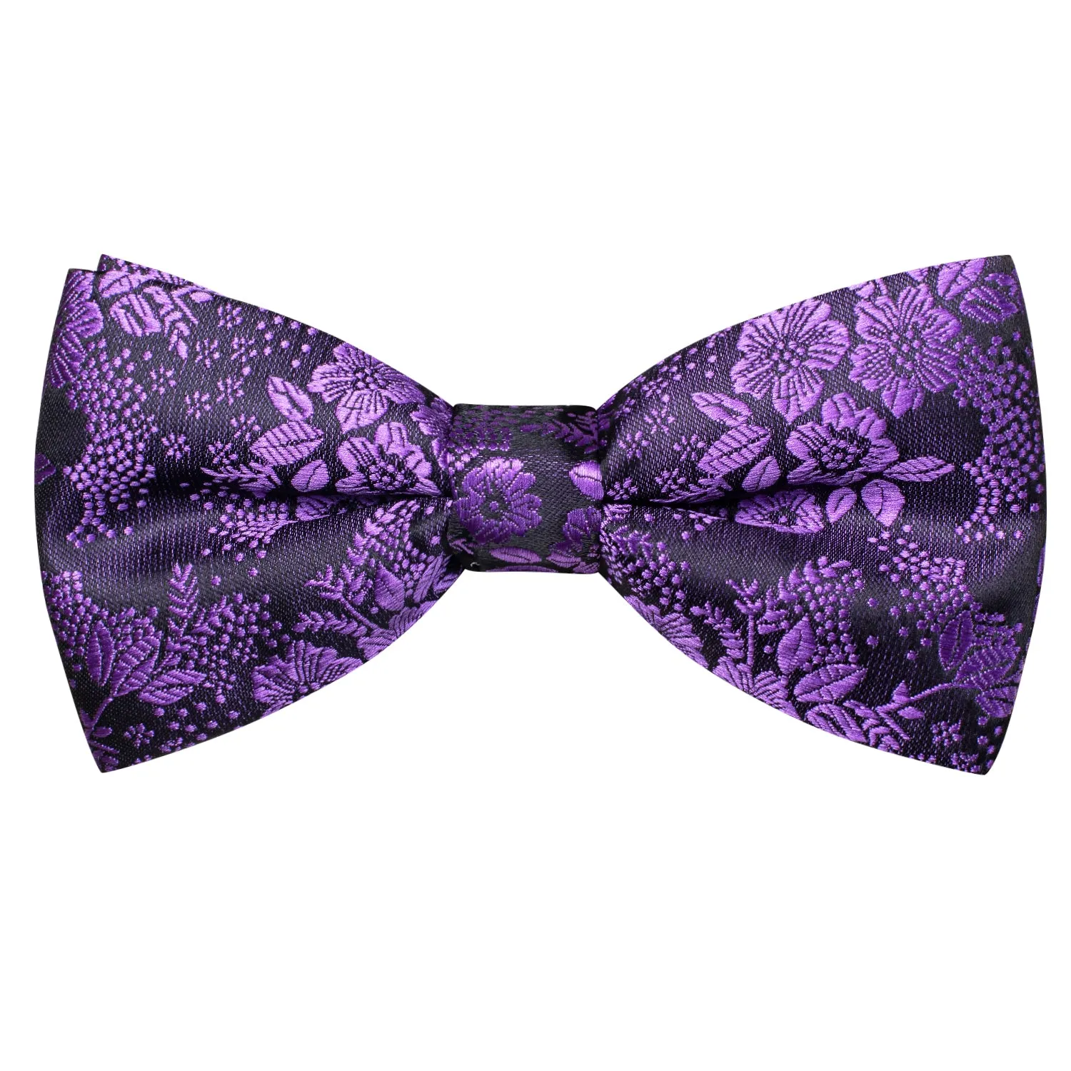 Purple Floral Silk Pre-tied Bow Tie Hanky Cufflinks Set