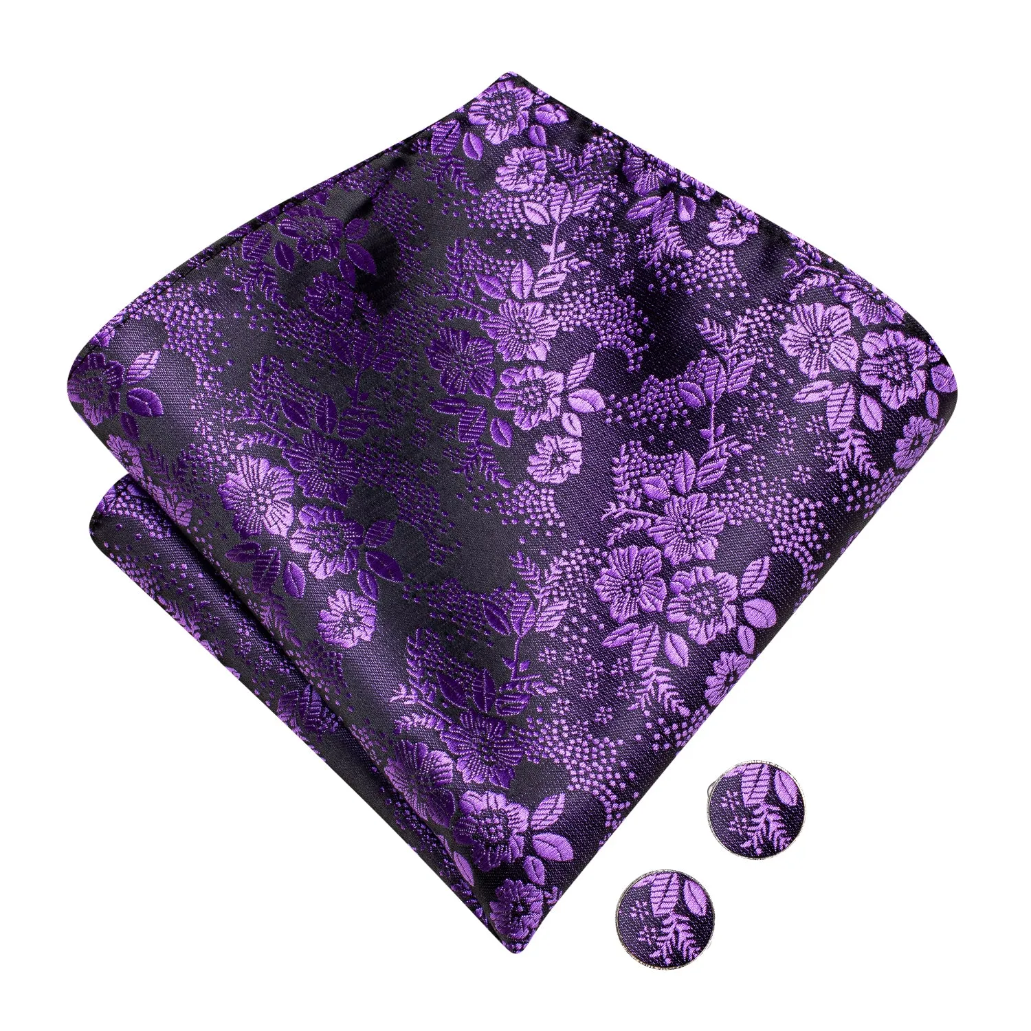 Purple Floral Silk Pre-tied Bow Tie Hanky Cufflinks Set