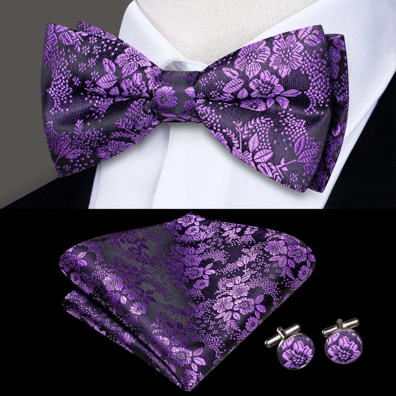 Purple Floral Silk Pre-tied Bow Tie Hanky Cufflinks Set