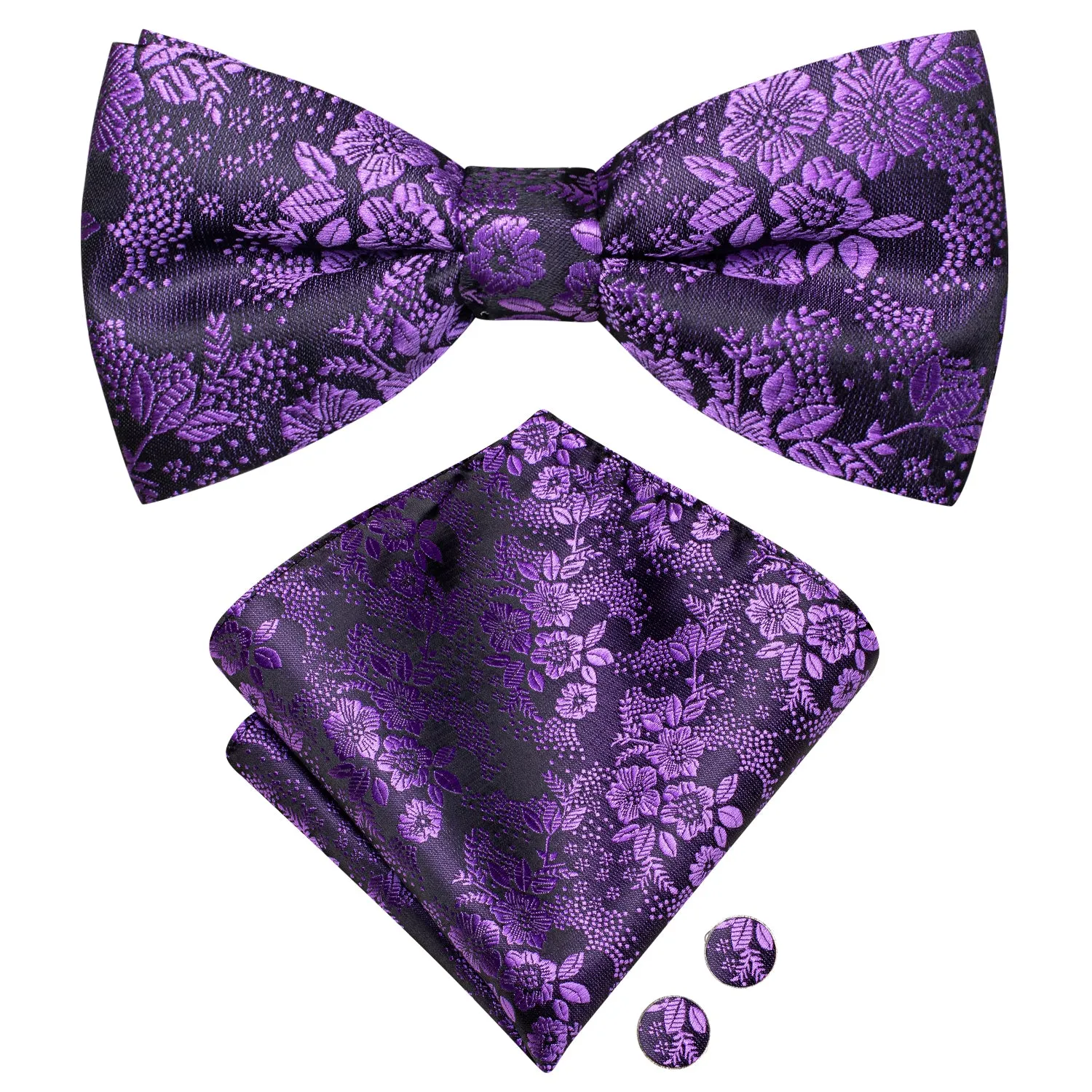 Purple Floral Silk Pre-tied Bow Tie Hanky Cufflinks Set