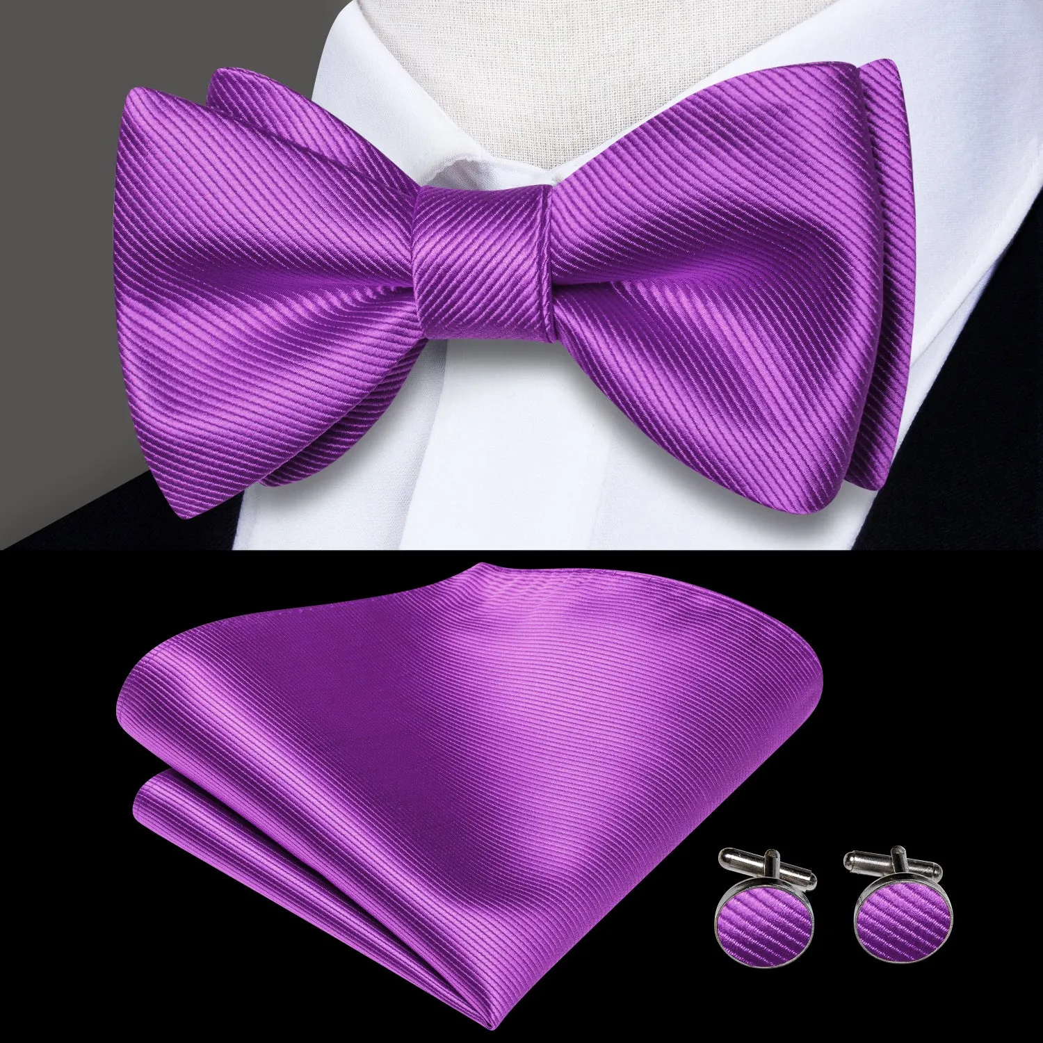 Purple Striped Silk Self-tied Bow Tie Pocket Square Cufflinks Set