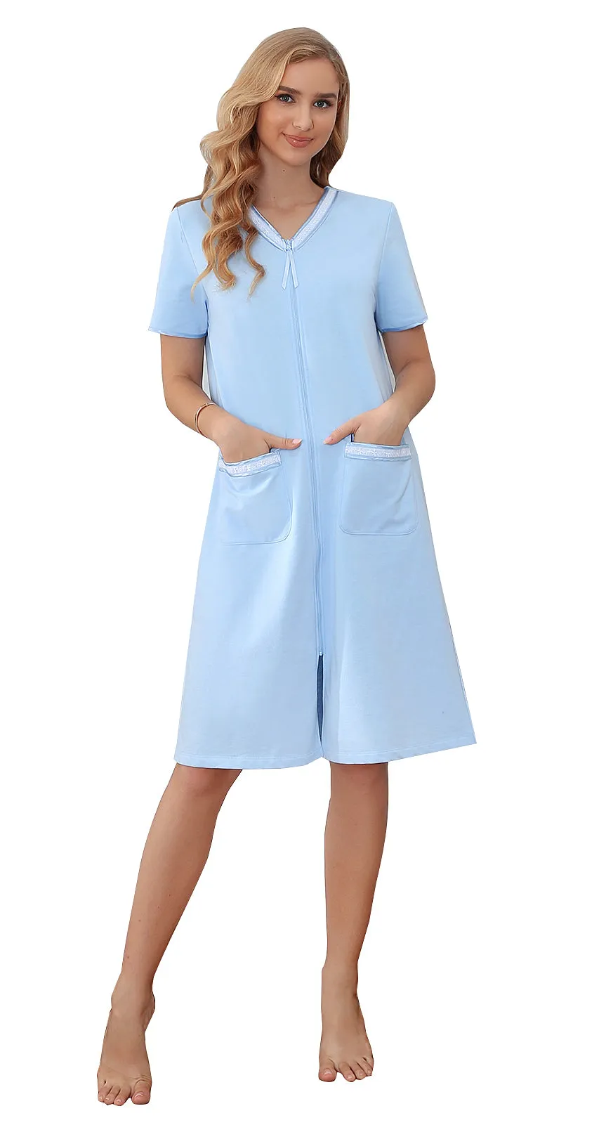 Richie House Women Zipper Robe Loungewear Short Sleeve Sleepwear Pockets Housecoat Long Soft Bathrobe RHW2898