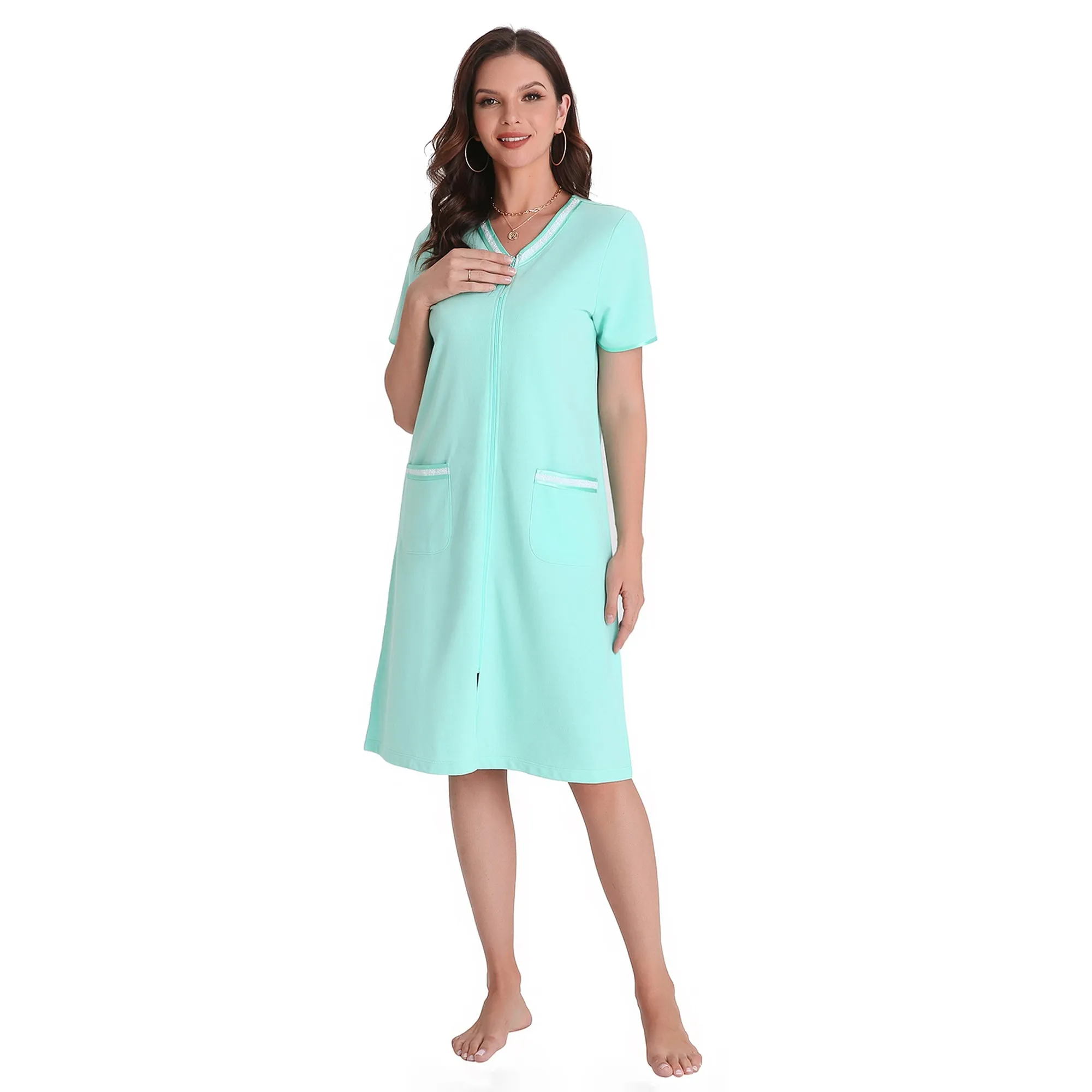 Richie House Women Zipper Robe Loungewear Short Sleeve Sleepwear Pockets Housecoat Long Soft Bathrobe RHW2898