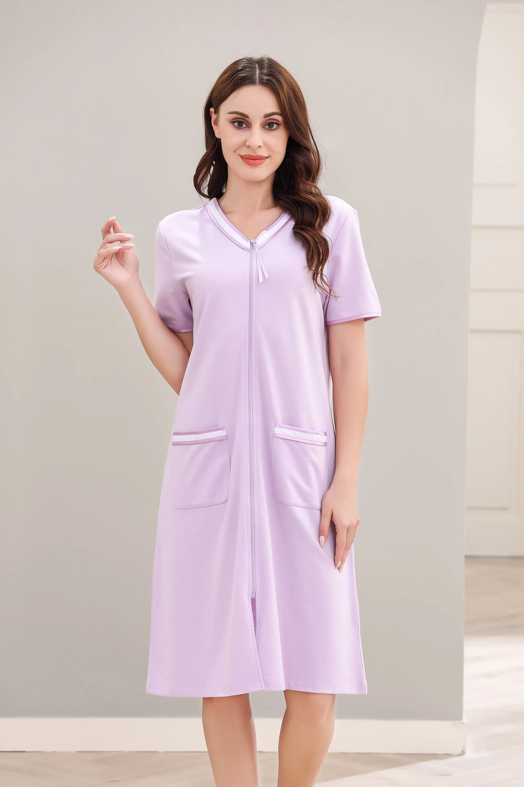 Richie House Women Zipper Robe Loungewear Short Sleeve Sleepwear Pockets Housecoat Long Soft Bathrobe RHW2898