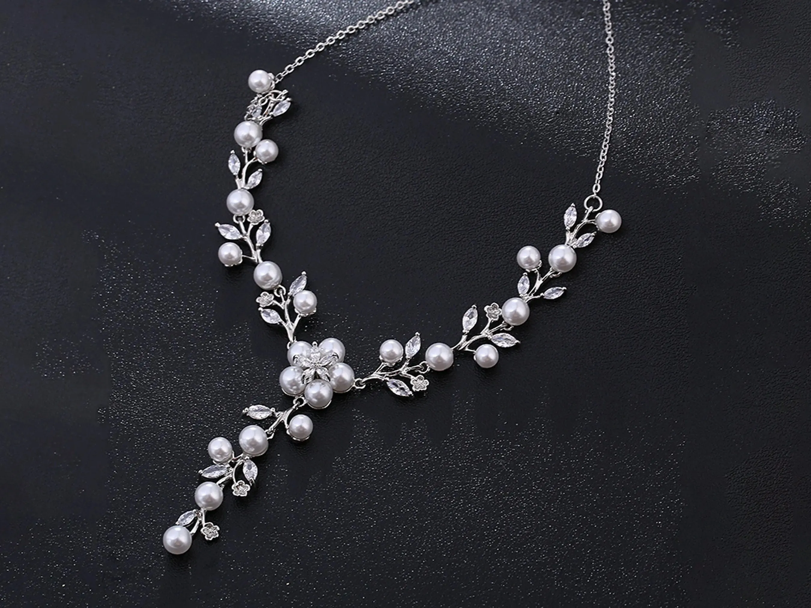 Seed Pearl Necklace, Bridal Flower Leaf, Silver Pearl Earrings