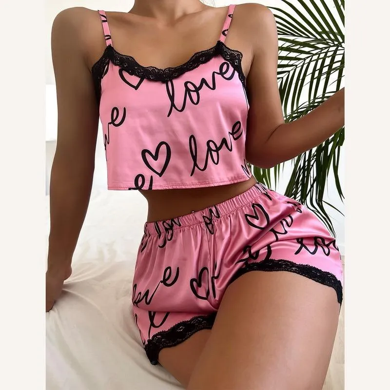 Sexy Floral Pajama Set Women's 2 Pieces Sleepwear Pyjamas Silk Satin Cami Top and Shorts Pajamas Summer Pajamas Set for Women