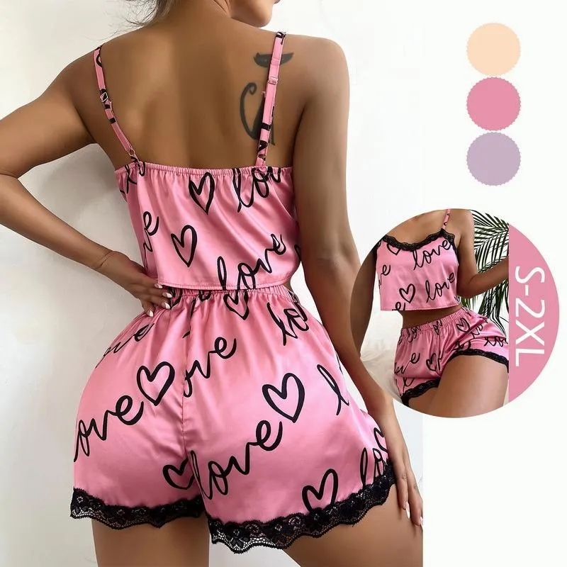 Sexy Floral Pajama Set Women's 2 Pieces Sleepwear Pyjamas Silk Satin Cami Top and Shorts Pajamas Summer Pajamas Set for Women