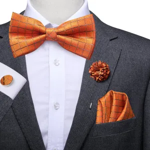 Silver Orange Plaid Pre-tied Bow Tie Hanky Cufflinks Pin Set