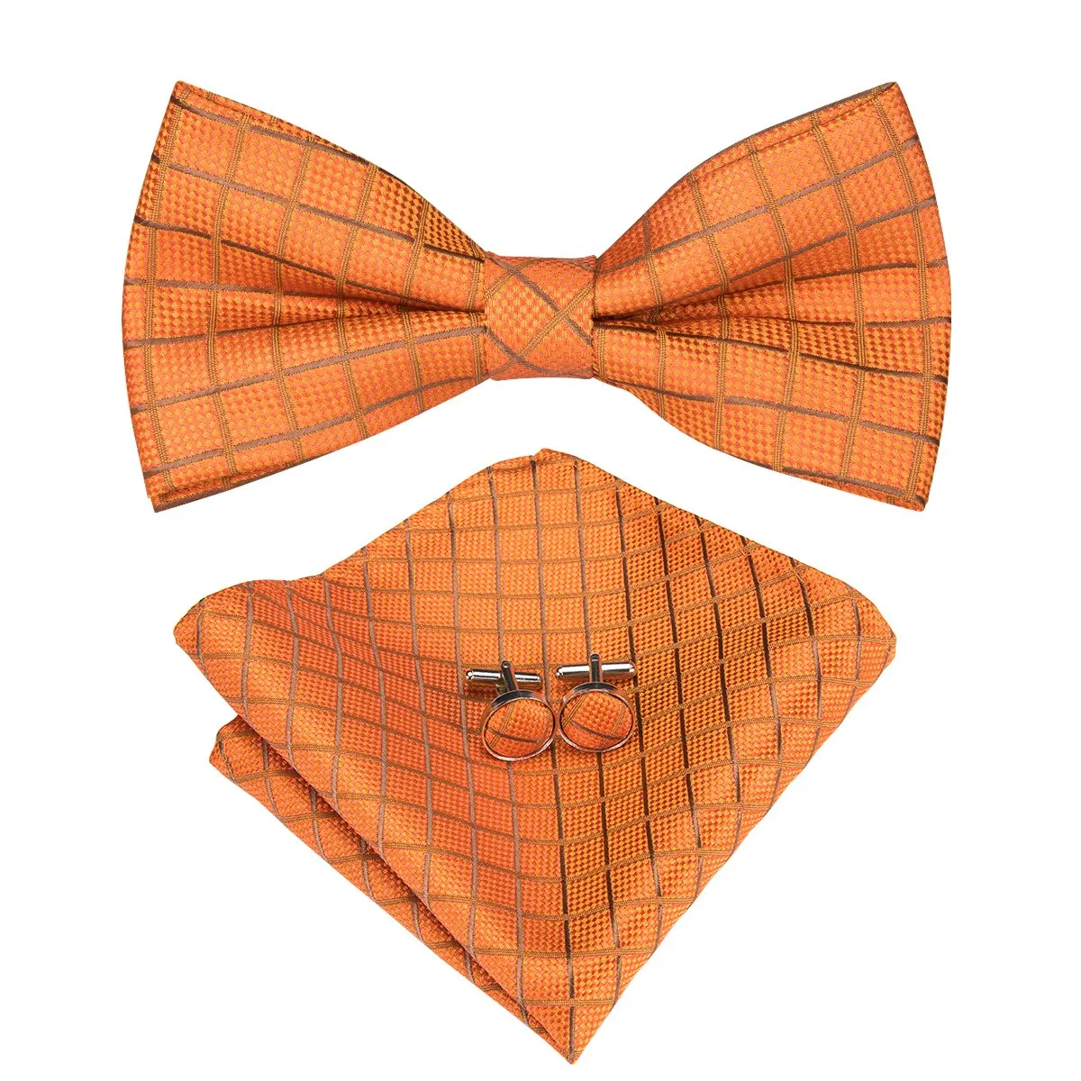 Silver Orange Plaid Pre-tied Bow Tie Hanky Cufflinks Pin Set