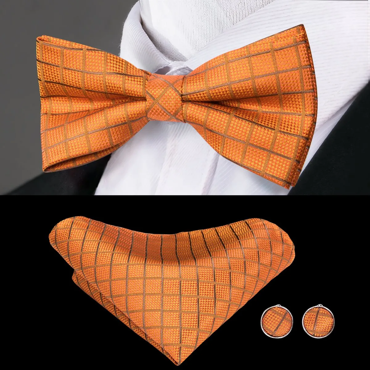 Silver Orange Plaid Pre-tied Bow Tie Hanky Cufflinks Pin Set