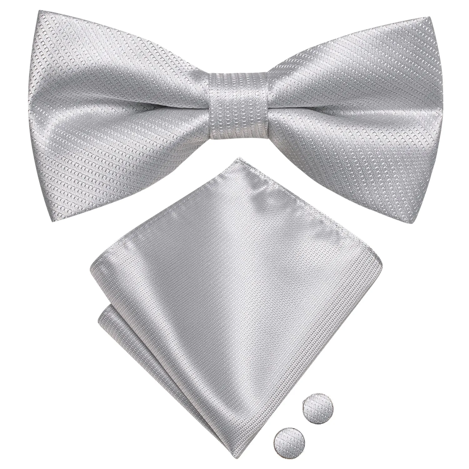 Silver Striped Pre-tied Bow Tie Hanky Cufflinks Set