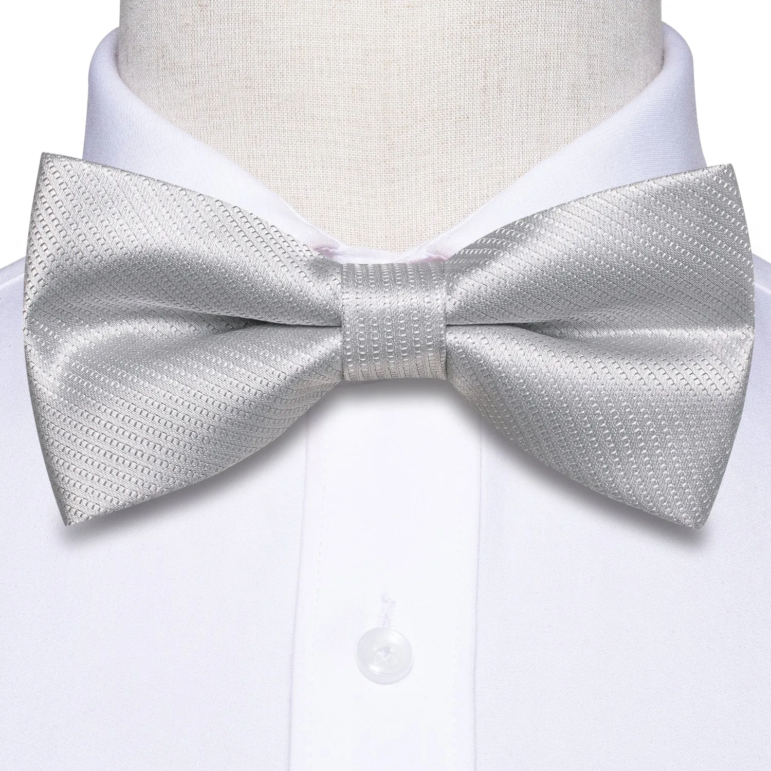 Silver Striped Pre-tied Bow Tie Hanky Cufflinks Set