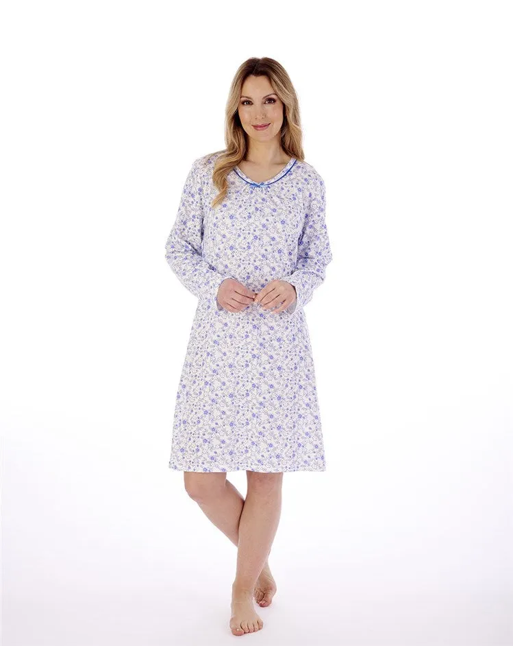 Slenderella Floral 100% Cotton Jersey Long Sleeve Shorter Length Nightdress