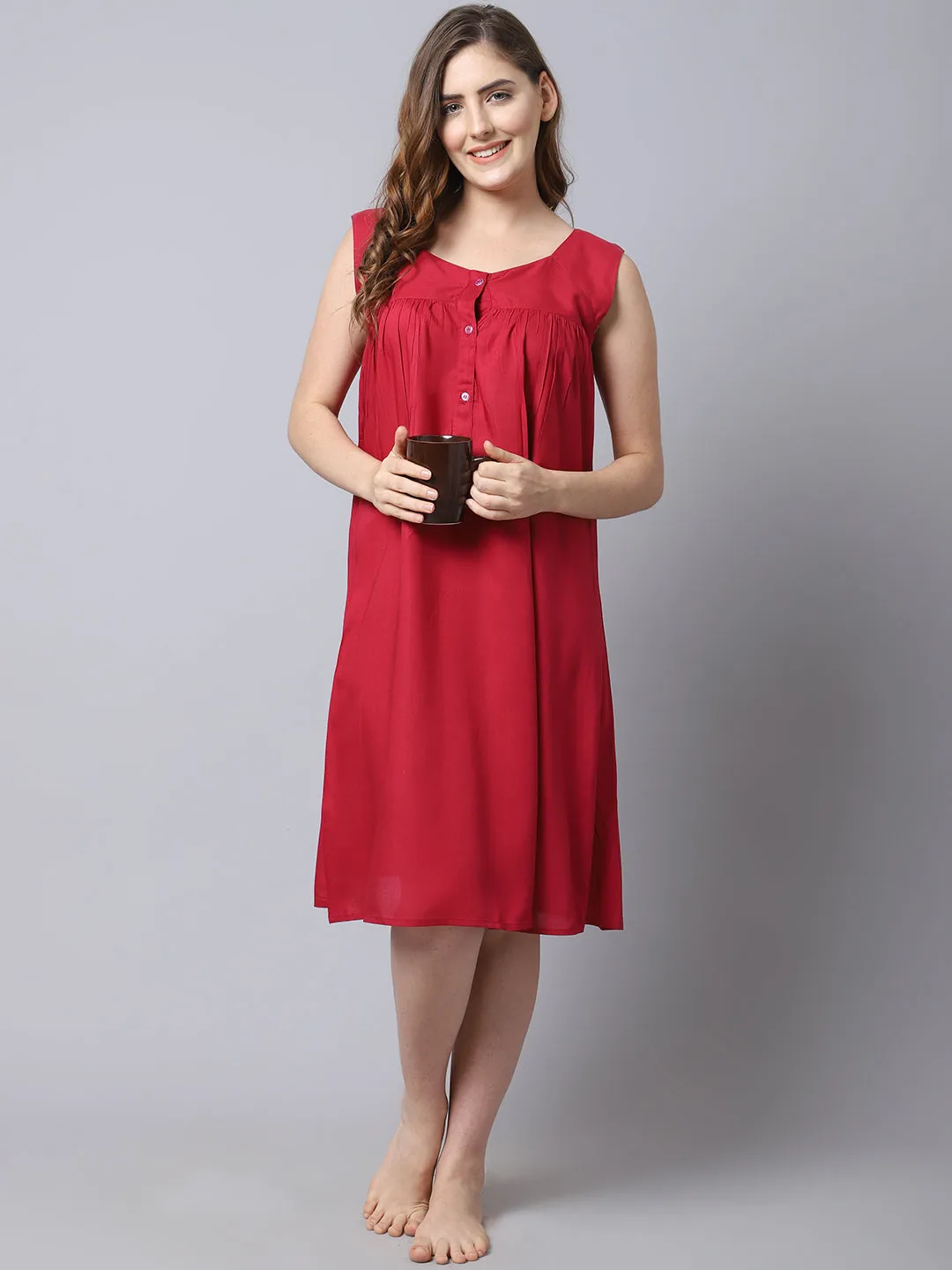 Solid Front Buttons Night Dress - Red