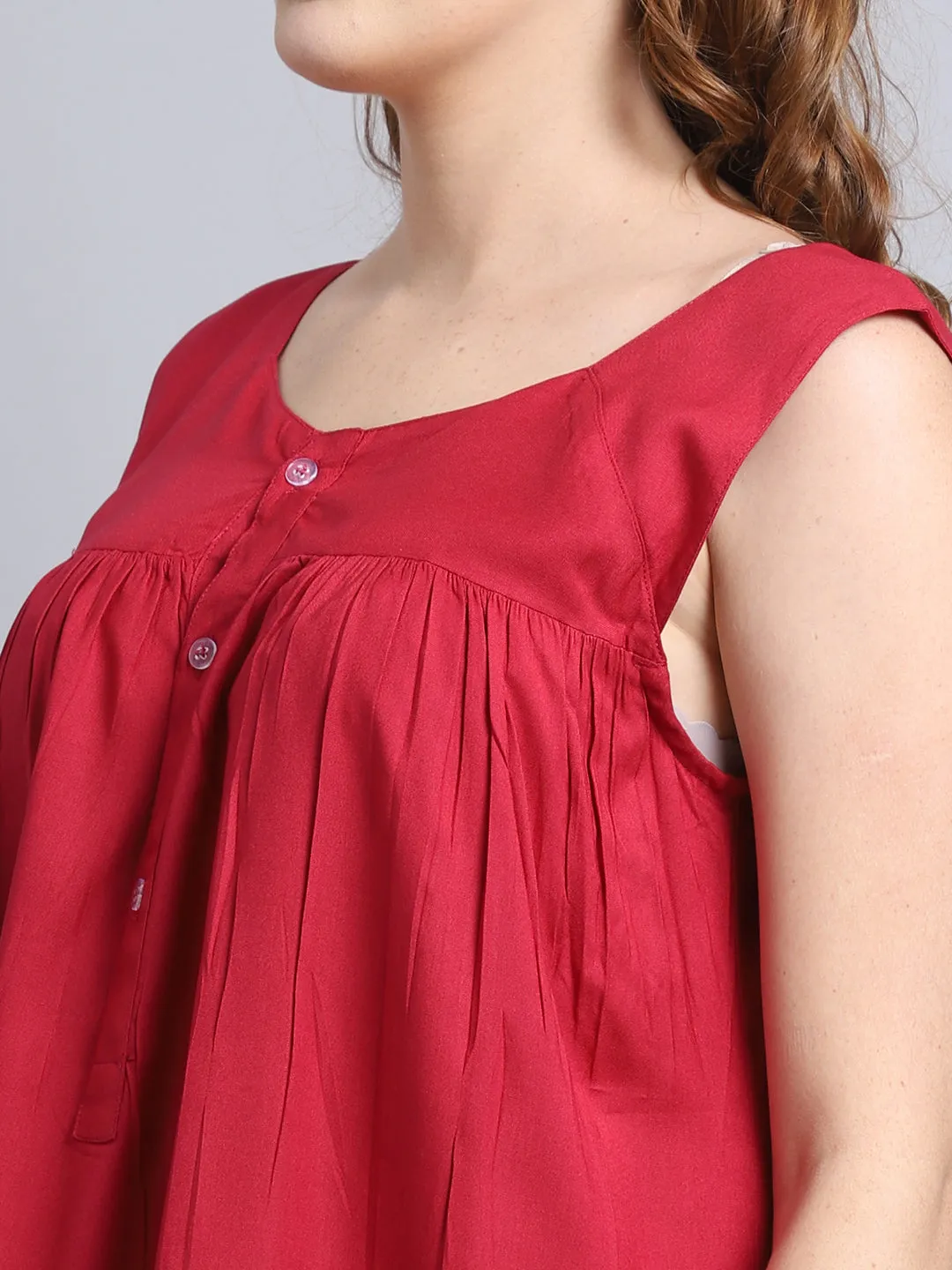 Solid Front Buttons Night Dress - Red