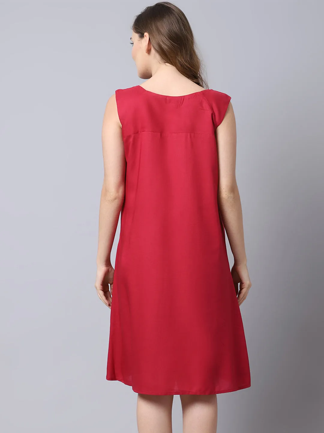 Solid Front Buttons Night Dress - Red