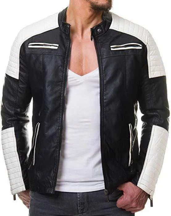 Stylish White & Black Real Leather Pocket Men's Jacket