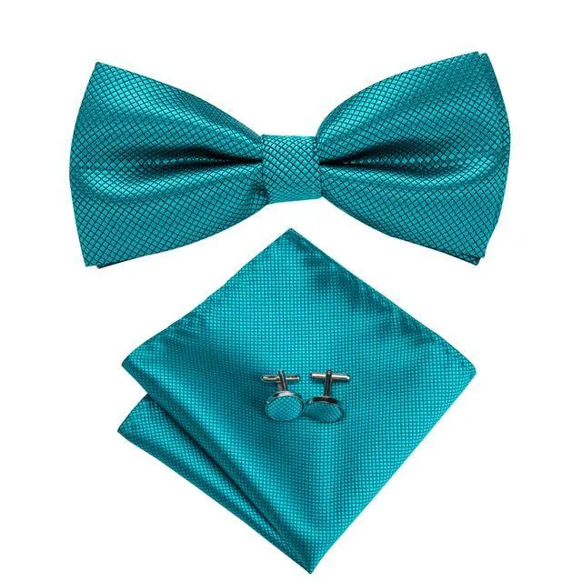 Teal Blue-green Solid Pre-tied Bow Tie Hanky Cufflinks Set