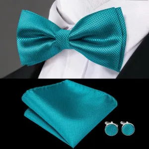 Teal Blue-green Solid Pre-tied Bow Tie Hanky Cufflinks Set