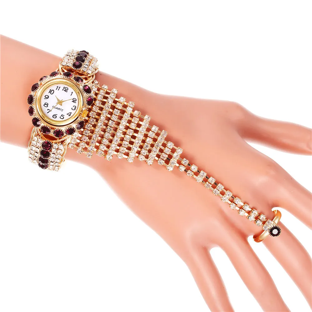 Trendy Women's Diamond Claw Chain Ring Set Watch Fashion Women's Wrist Watch