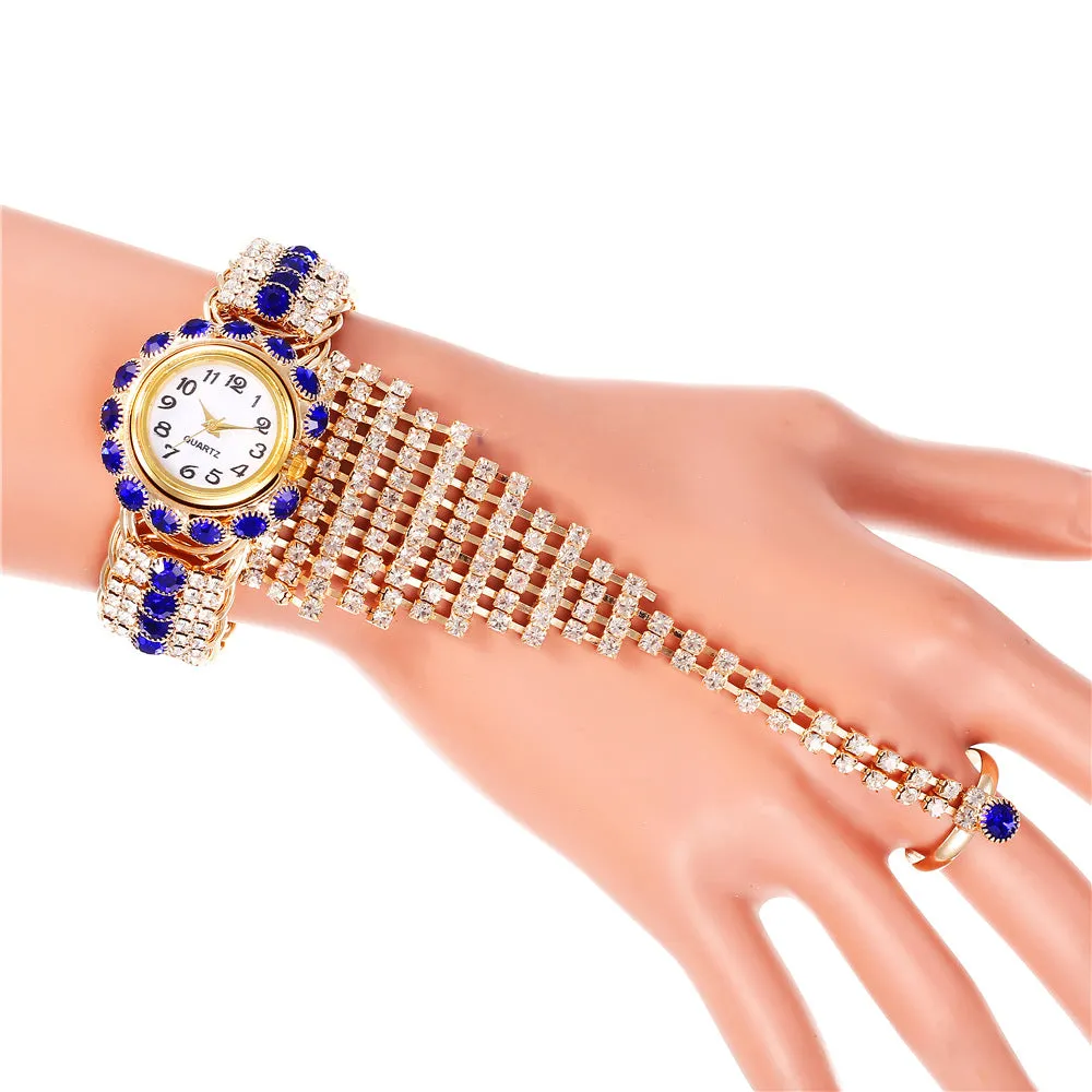 Trendy Women's Diamond Claw Chain Ring Set Watch Fashion Women's Wrist Watch