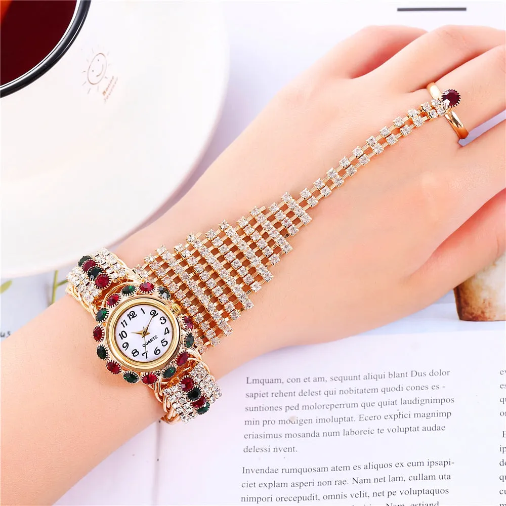 Trendy Women's Diamond Claw Chain Ring Set Watch Fashion Women's Wrist Watch