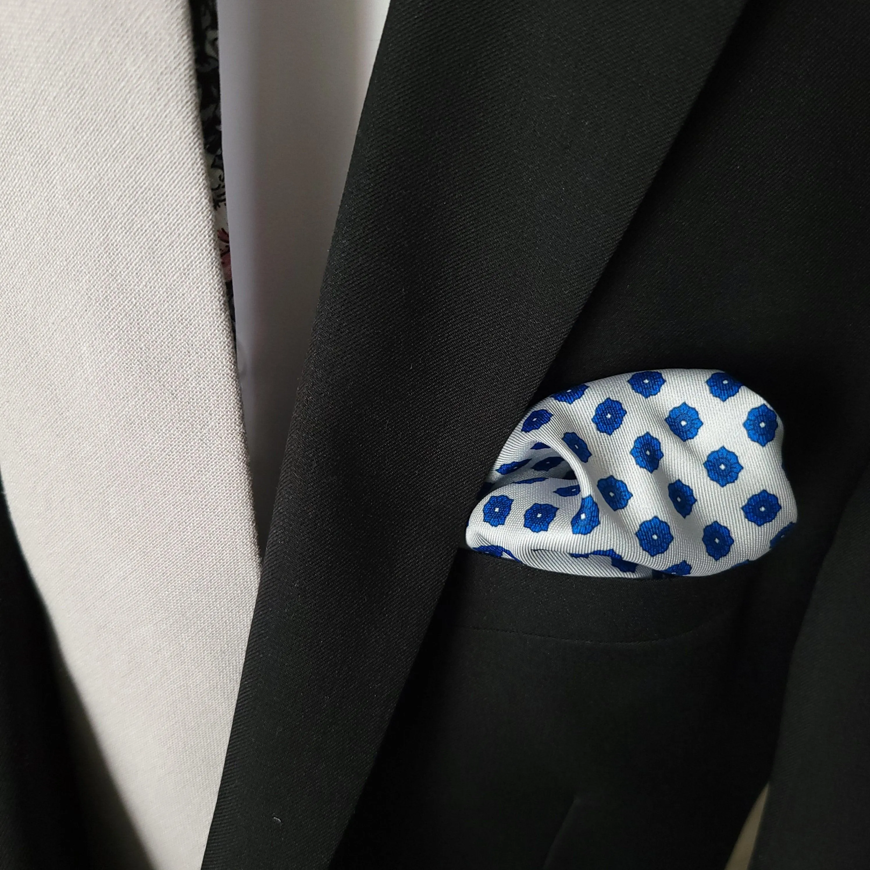 White Blue Floral Stylish and Elegant Silk Pocket Square