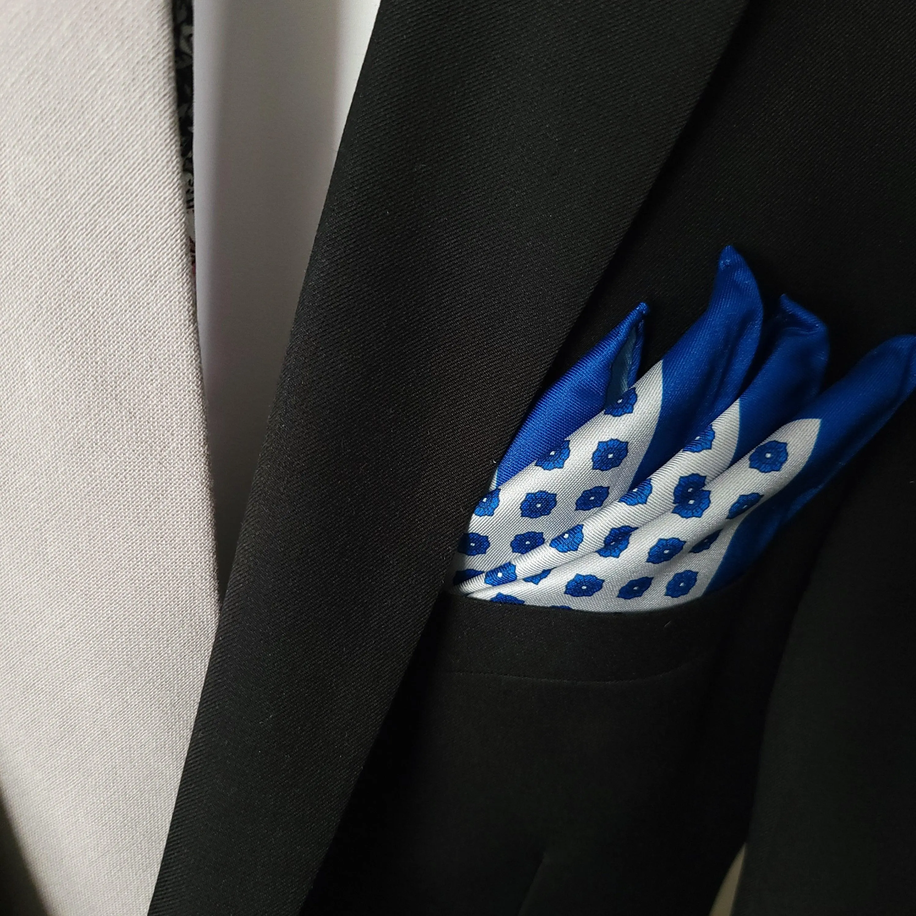 White Blue Floral Stylish and Elegant Silk Pocket Square