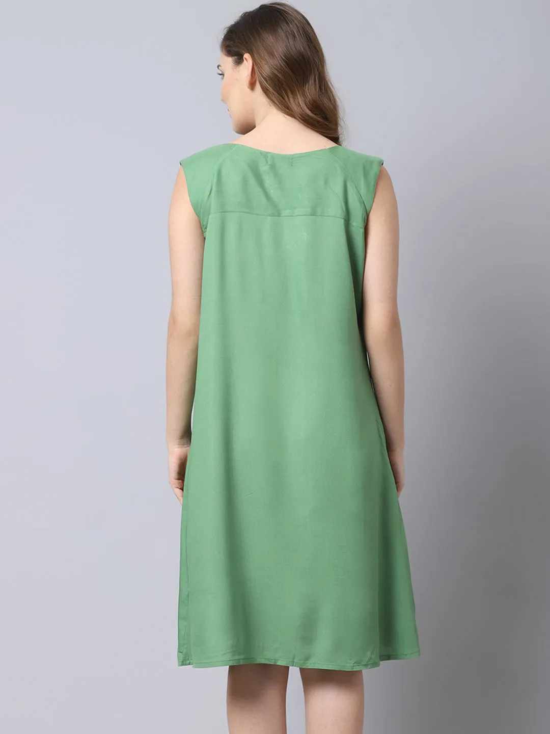 Women's Rayon Solid Night Dress with Front Buttons - Green