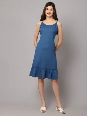 Women's Rayon Solid Short Night Dress with Frill - Royal Blue