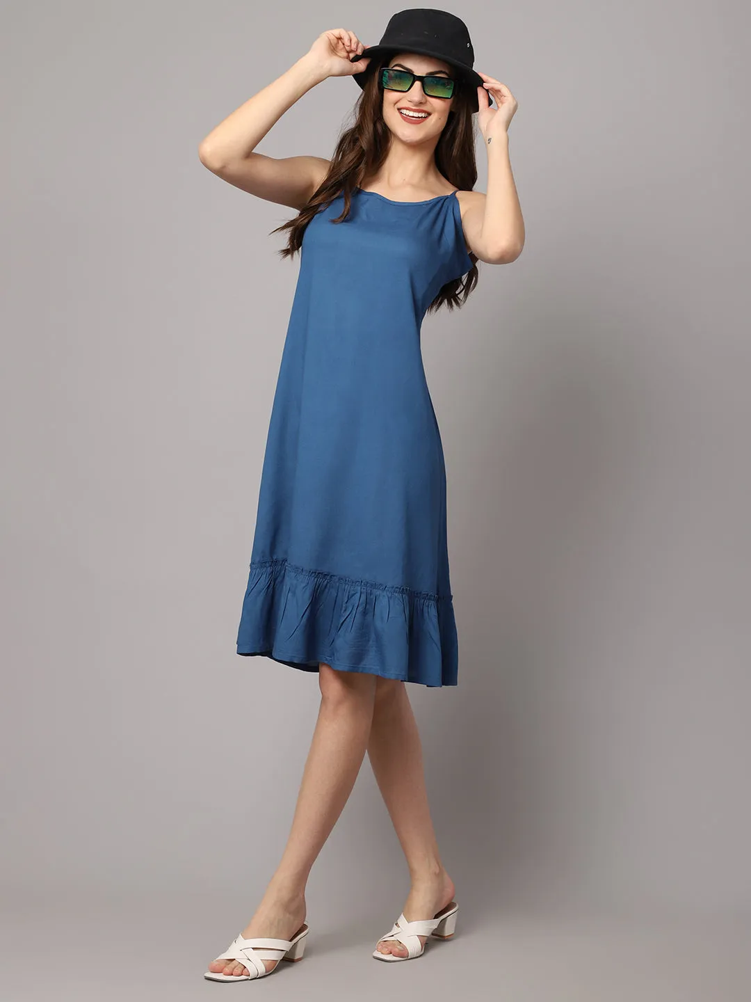 Women's Rayon Solid Short Night Dress with Frill - Royal Blue