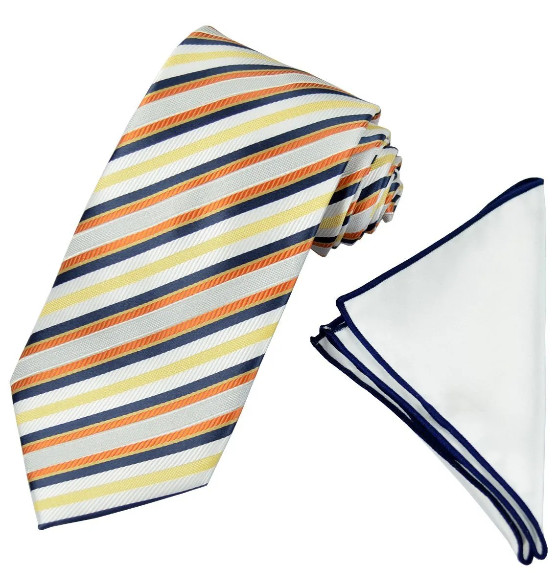 Yellow and Navy Striped Men's Tie and Pocket Square